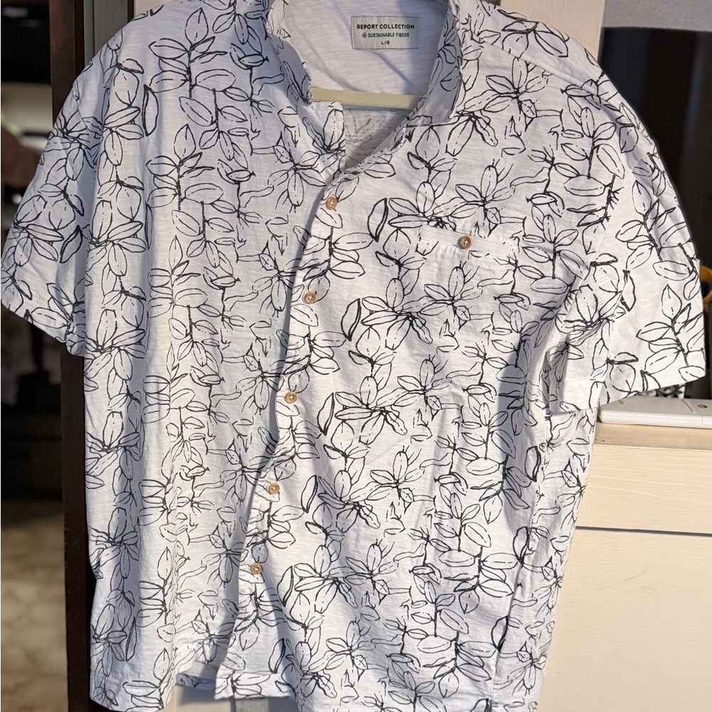 Report Collection White and Black Floral Button Down Shirt - Picture 2 of 7